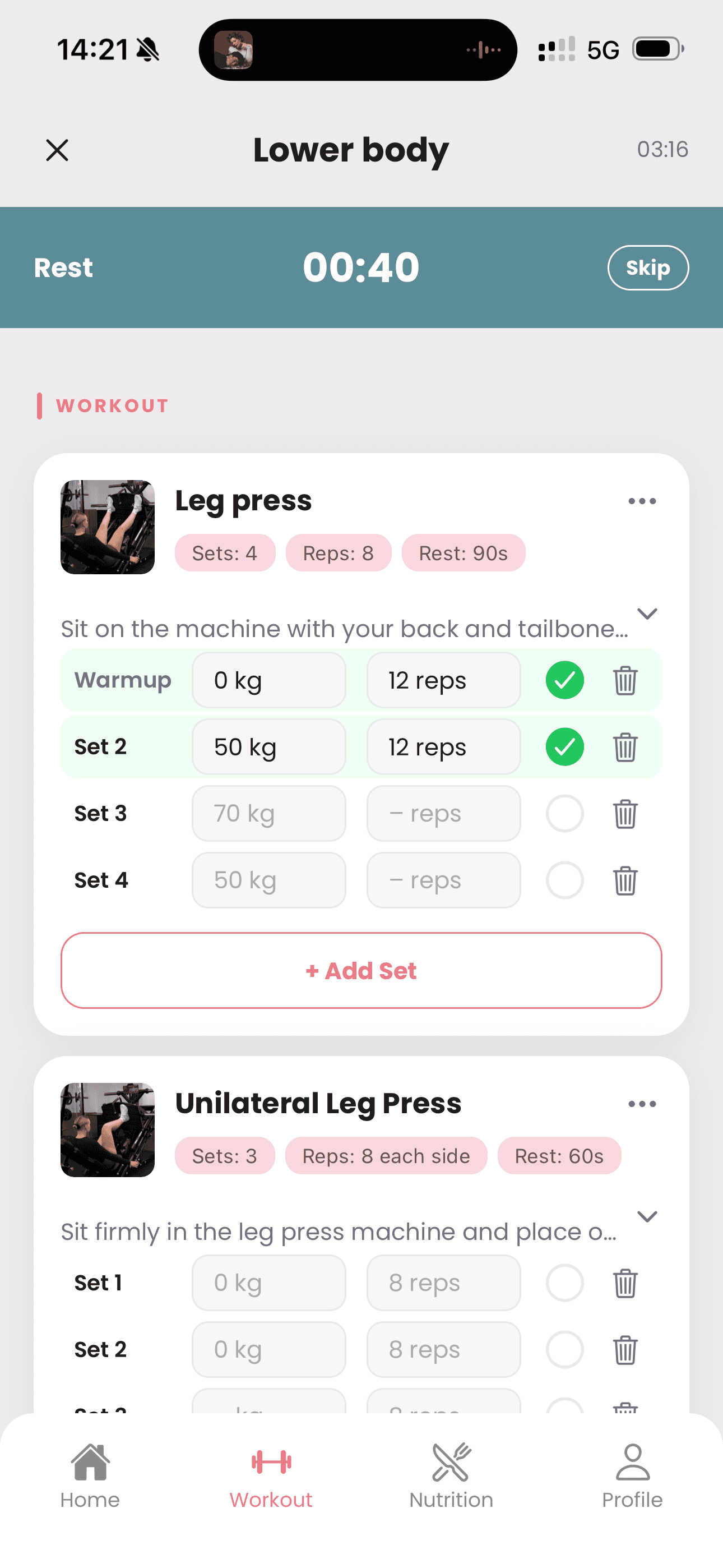 LORA app workout screen